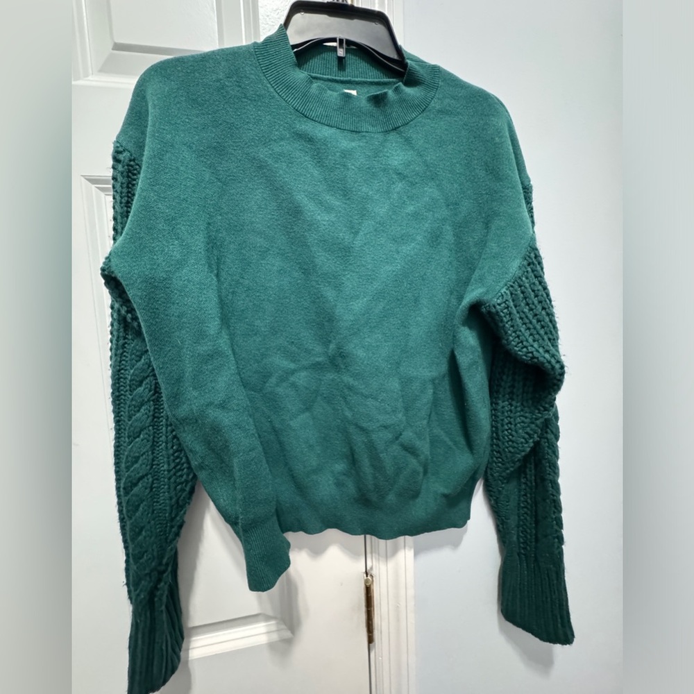 Teal green size small sweater with cable knit sleeves